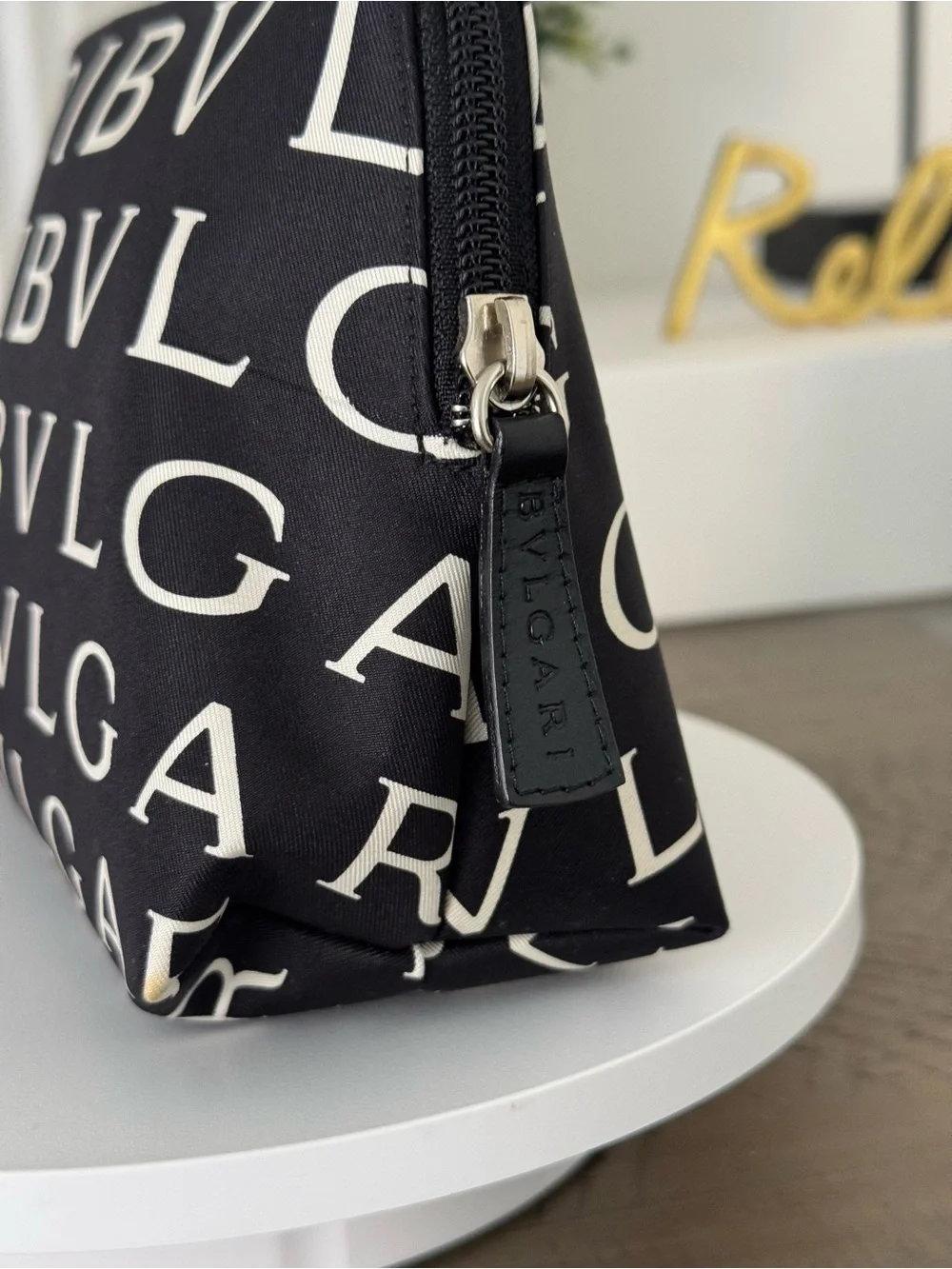 BVLGARI Black & White Logo Print Pouch with box